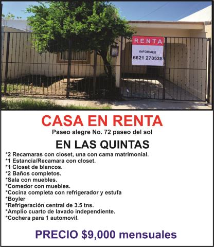 RENTO CASA EN LAS QUINTAS  - Anuncios Clasificados de  Hermosillo, Sonora.